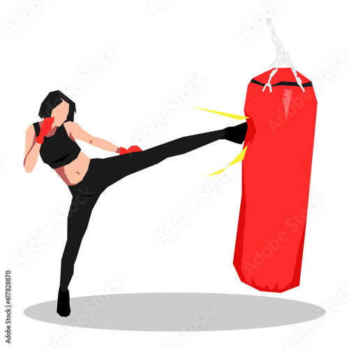 girl character in tracksuit and red gloves kicking sandbag. concept of kickboxing, fitness, gym, sport, martial arts. vector flat illustration.