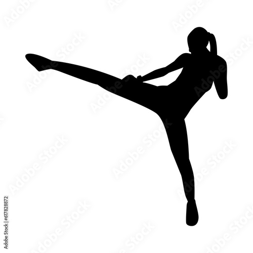 silhouette of girl character kicking sandbag. concept of kickboxing, fitness, gym, sport, martial arts. flat vector illustration.