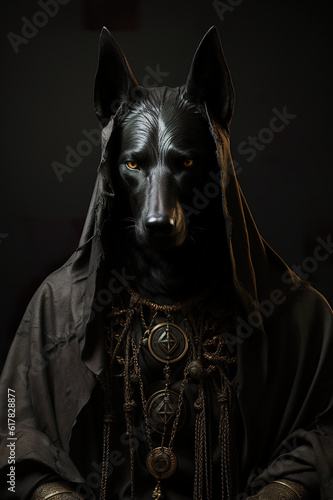 A black dog wearing a hood and a necklace. Generative AI. © tilialucida