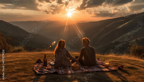Sunset picnic brings togetherness  love  and relaxation in nature generated by AI
