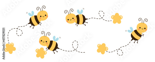 Set of  bee cartoons and yellow flower isolated on white background vector.