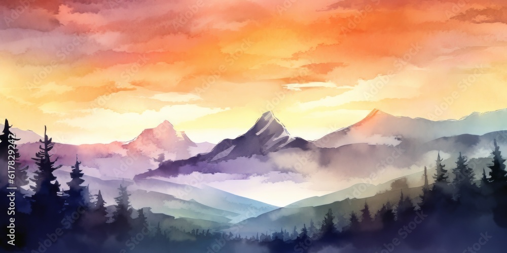 light watercolor of high mountains, abstract forest background