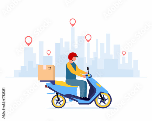 food delivery man deliver food to customer in the city on motorcycle fast and free delivery services.
