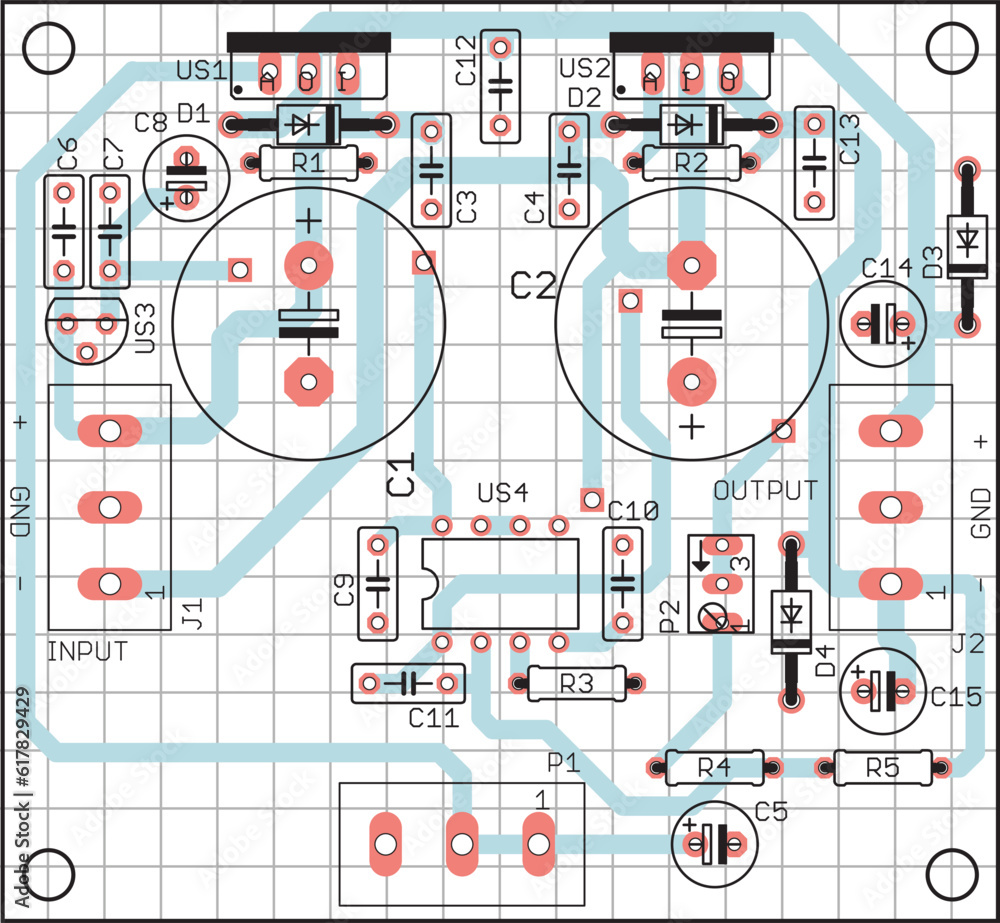 Fototapeta premium Vector printed circuit board of an electronic device with components of radio elements, conductors and contact pads placed on it. Engineering drawing with grid.