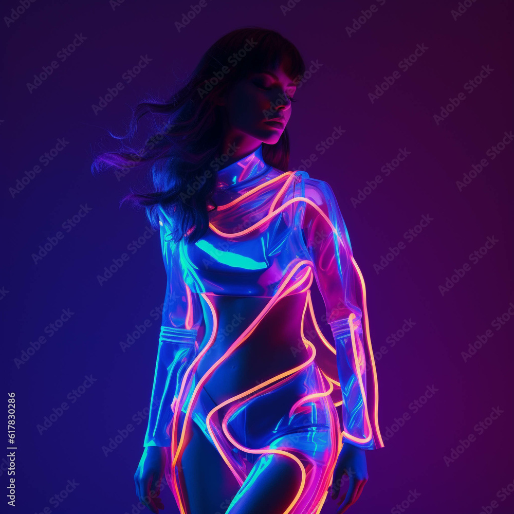 High Fashion portrait with neon uv lights. Generative AI. High Fashion portrait with neon uv lights. Generative AI.