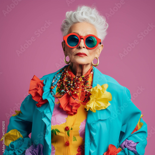 High Fashion portrait of a colorful vibrant elderly woman. Generative AI.