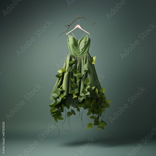 Fashion Dress Made with Leaves. Generative AI.