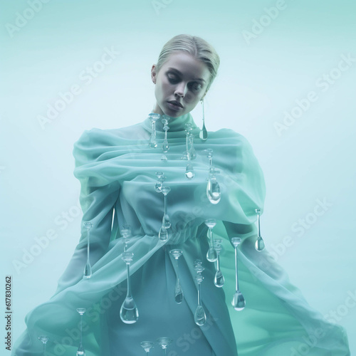 aqua hyper minimalistic surreal high fashion portrait. Generative AI.