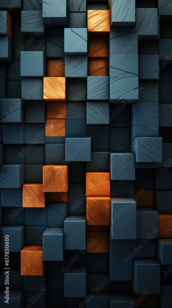 A bunch of blue and orange cubes in a room. Generative AI. A bunch of blue and orange cubes in a room. Generative AI.