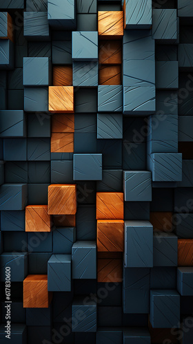 A bunch of blue and orange cubes in a room. Generative AI.