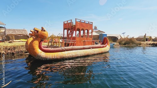 4k video Uros floating islands on Titicaca lake in Puno, Peru, South America.