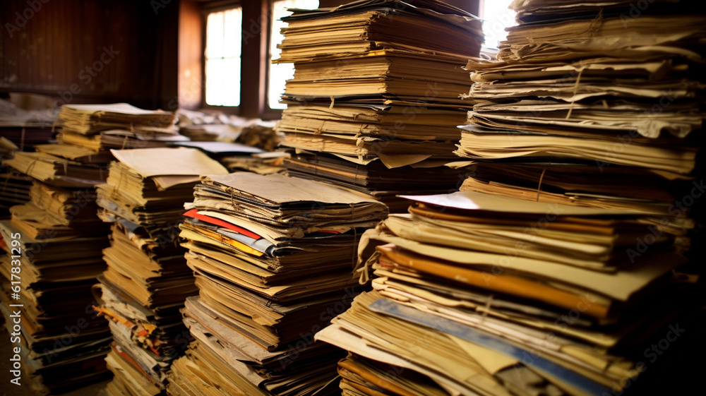 Obraz premium A large stack of old archival documents. Generative AI