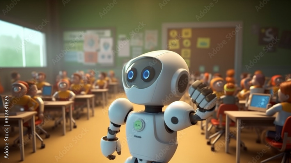 a robot is a teacher at a school for children, abstract illustration, classroom with children and artificial intelligence. Generative AI