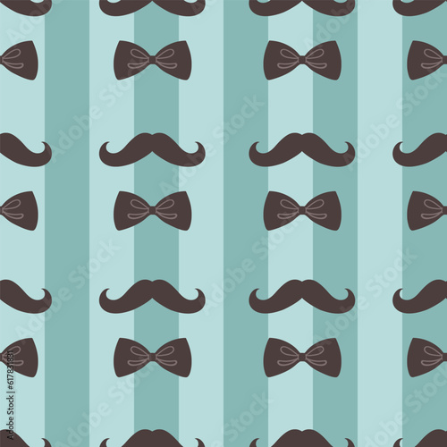 Seamless striped pattern with mustaches and bow ties. Vector graphics.