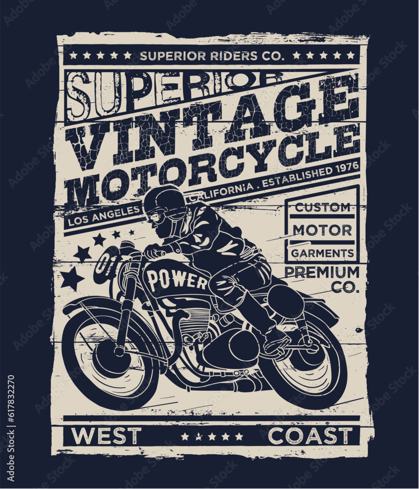 tee print vector design with motorcycle and rider silhouette drawing