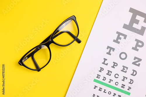 Vision test table and glasses with a colored background.