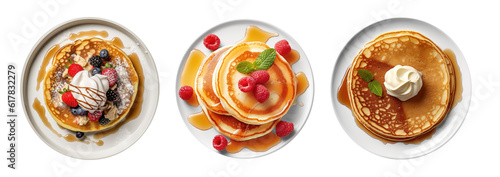 Fresh golden pancakes with cream and chocolate, fruit isolated on transparent background