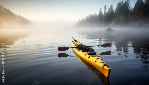 Paddling through tranquil waters, surrounded by nature beauty in silence generated by AI