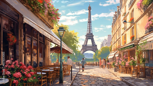 Photo beautiful paint by number of cafe in Paris with the Eiffel tower