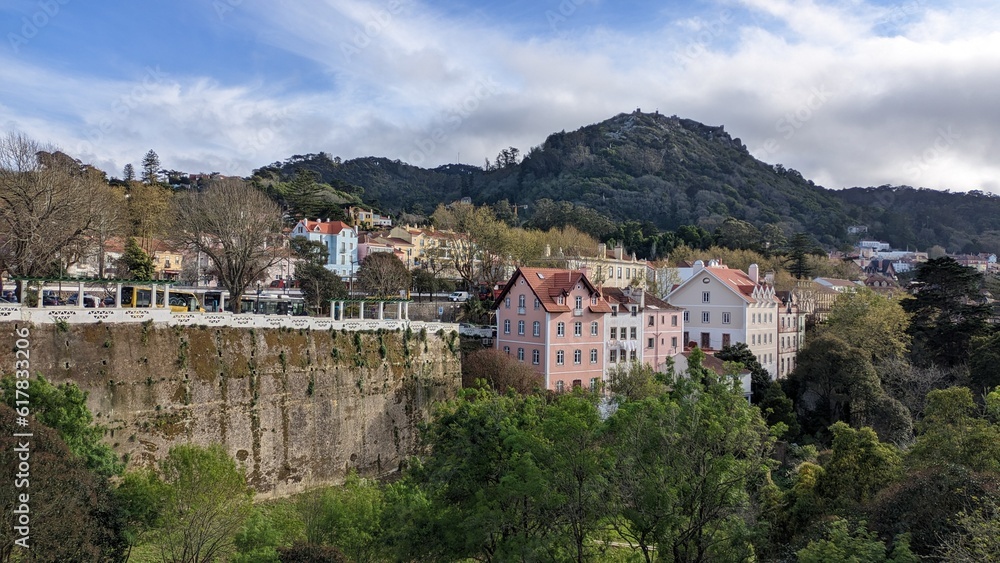 Highlands, houses, pedestrian street, blue sky, large park in the tourist spot of Sintra in Portugal Highlands, houses, pedestrian street, blue sky, large park in the tourist spot of Sintra in Portugal