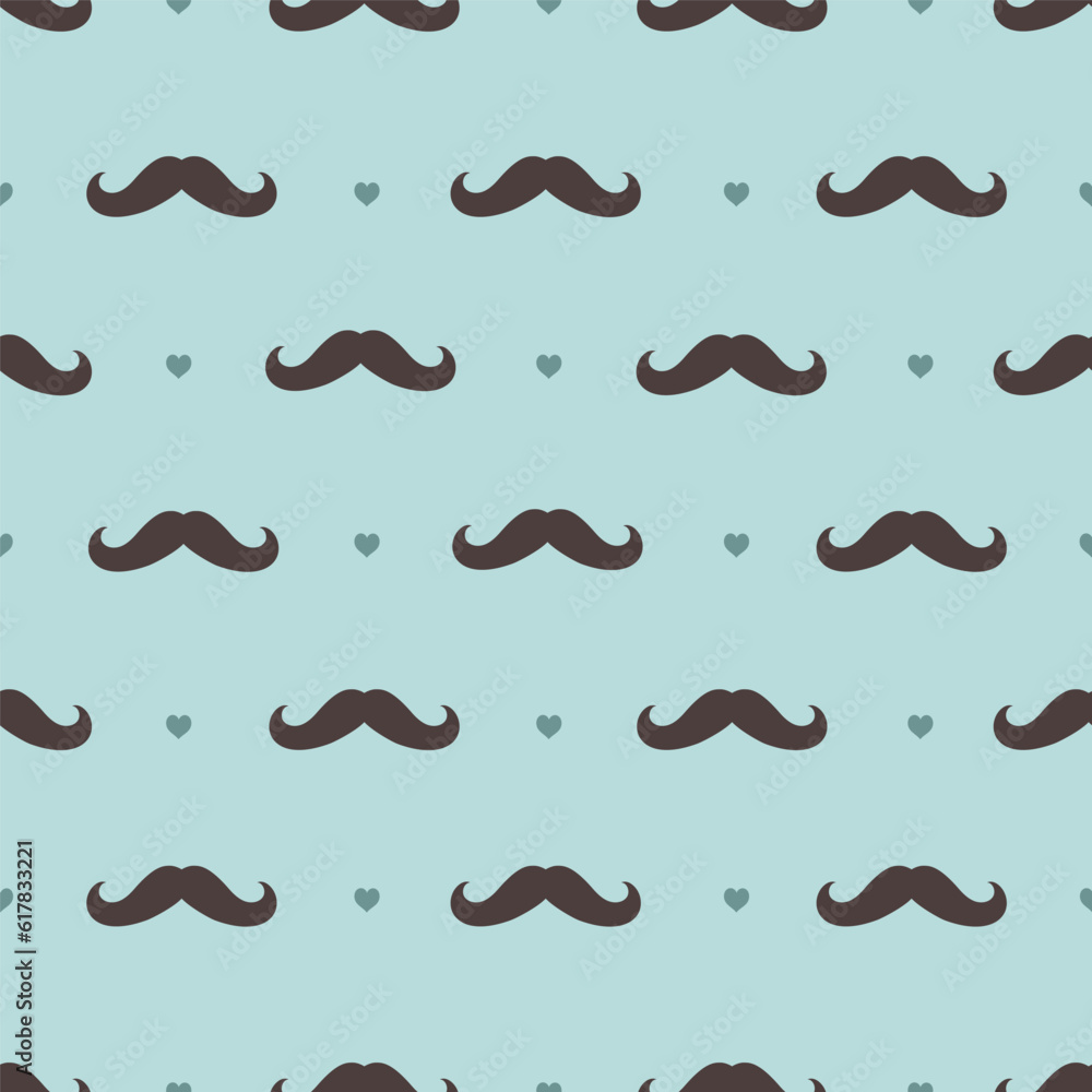 Seamless pattern with mustaches and hearts on a blue background. Vector graphics. Seamless pattern with mustaches and hearts on a blue background. Vector graphics.