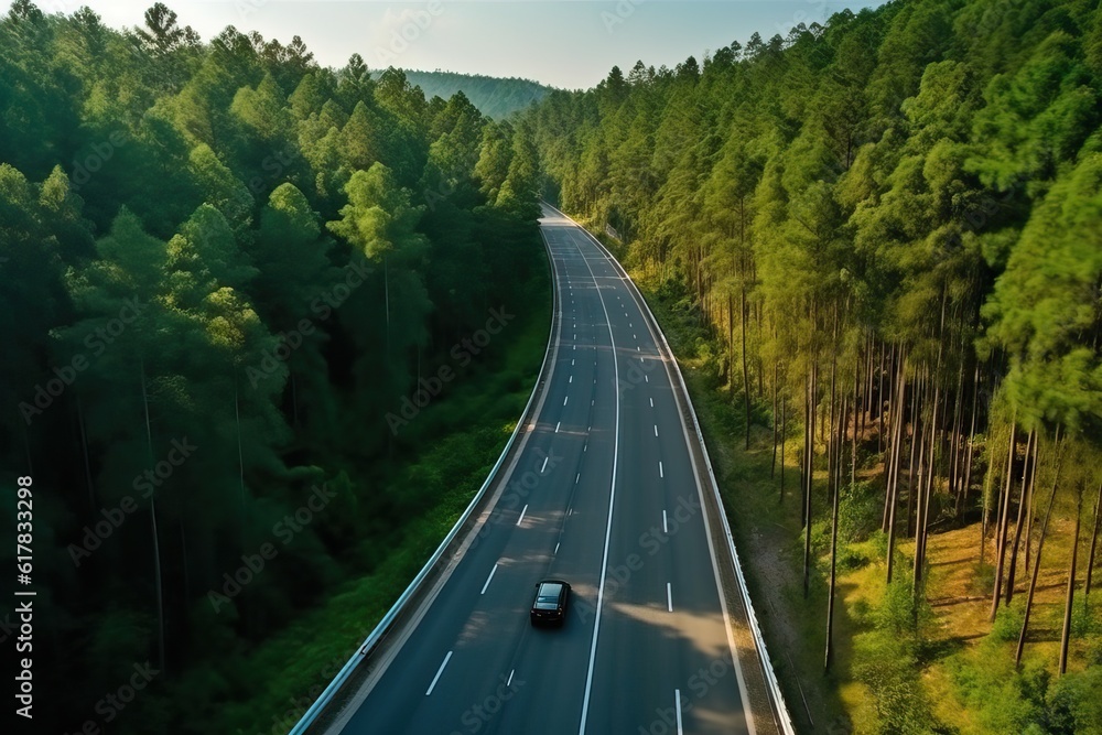 Fototapeta premium Aerial view of a road crossing a dense forest, generative ai