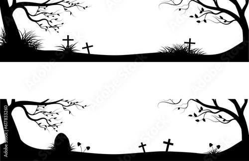 Halloween banners design with graveyard and trees on white background.