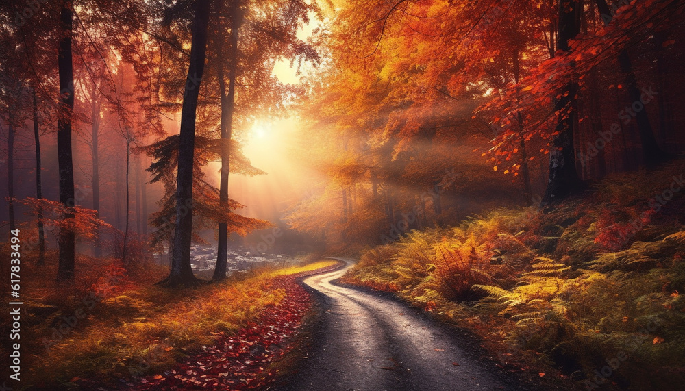 Autumn forest landscape: vibrant colors, yellow leaves, mysterious fog generated by AI