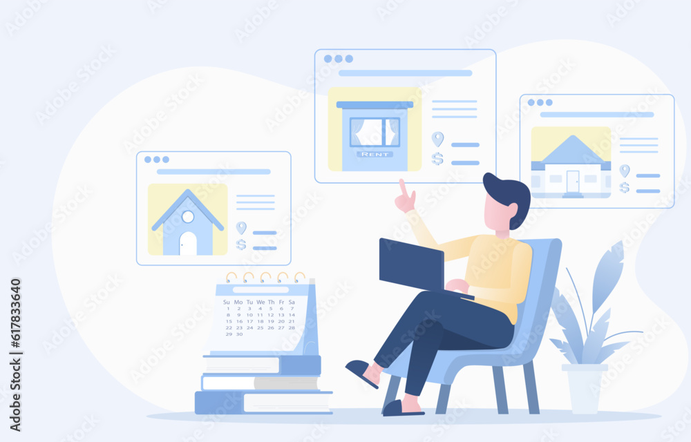 Man select house or apartment in the real estate market using online platforms such as websites and applications. Flat vector design illustration with copy space. Man select house or apartment in the real estate market using online platforms such as websites and applications. Flat vector design illustration with copy space.