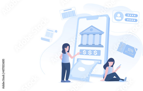 Online banking concept through a mobile application. Banking functions such as expense reporting, online sales promotions and coupon discounts, deposit and withdraw anytime and anywhere.