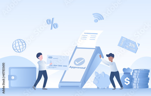 NFC (Near Field Communication) payment concept. Online shopping, payment approved, contactless banking and touchscreen financial transactions. Vector design illustration.
