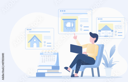 Man select house or apartment in the real estate market using online platforms such as websites and applications. Flat vector design illustration with copy space.