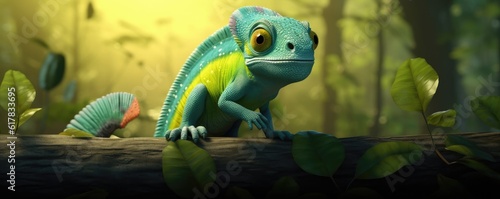 Little cartoon green chameleon sitting on branch in green rain forest  panorama. Generative ai.