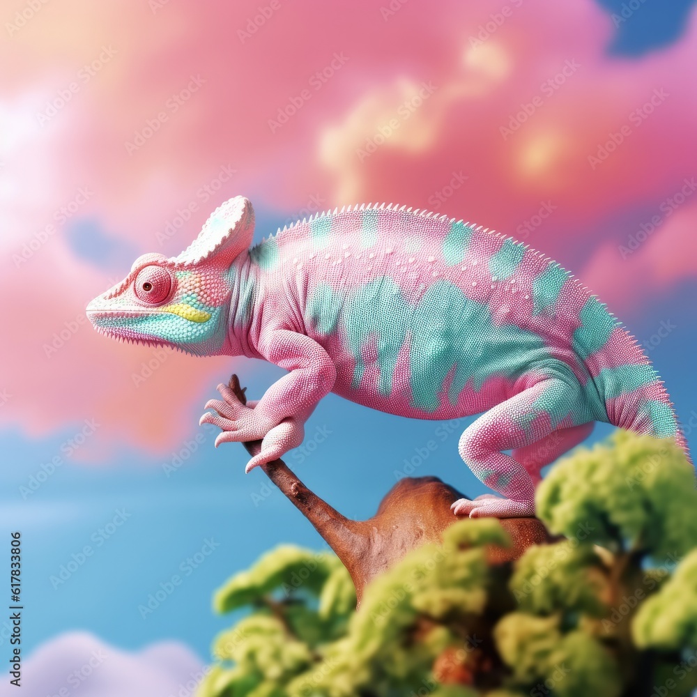 Fototapeta premium Chameleon sitting on a branch of a deciduous tree with green leaves in rain forest. Close up. Generative Ai.
