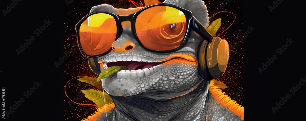 Panorama portrait od chameleon with sunglasses on multicolor pastel background. Generative Ai.