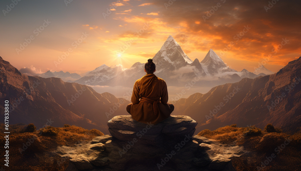 One person meditating on mountain peak, praying for spiritual success generated by AI