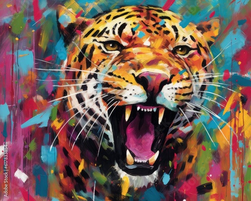 Leopard  form and spirit through an abstract lens. dynamic and expressive Leopard print by using bold brushstrokes  splatters  and drips of paint. Leopard raw power and untamed energy