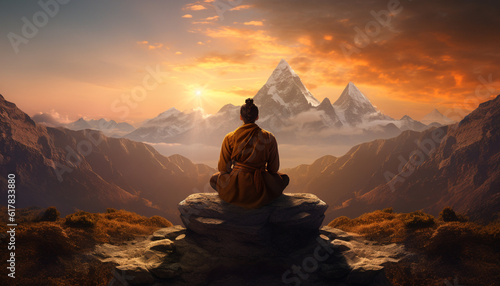 One person meditating on mountain peak, praying for spiritual success generated by AI