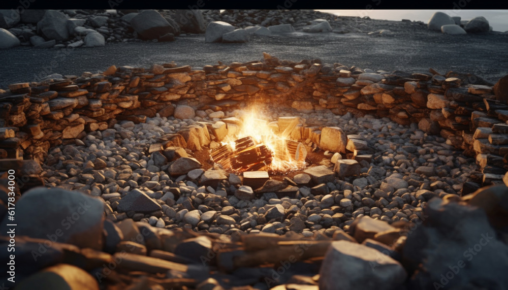 Burning campfire heats natural surroundings, glowing flames illuminate stone material generated by AI Burning campfire heats natural surroundings, glowing flames illuminate stone material generated by AI