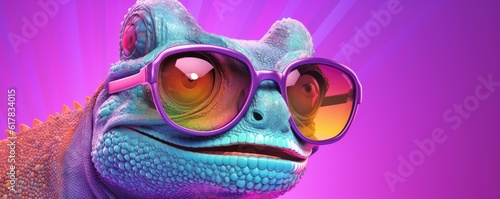 Panorama of chameleon with sunglasses on multicolor pastel background. Generative Ai.