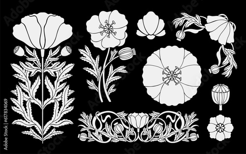 Floral poppy plant in art nouveau 1920-1930. Hand drawn in a linear style with weaves of lines, leaves and flowers.