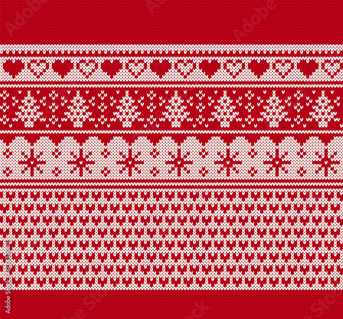 Holiday knit seamless pattern. Christmas red background with tree and snoflakes. Knitted sweater print. Xmas geometric border. Fair isle traditional texture. Festive winter ornament. Vector.