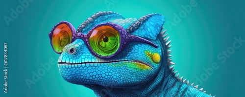 Panorama of chameleon with sunglasses on multicolor pastel background. Generative Ai.