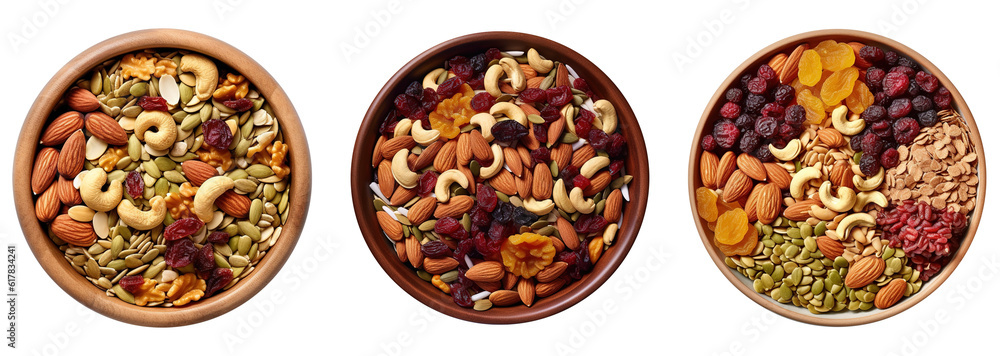 healty breakfast dried fruits and granola bowl isolated on transparent background. Snack food and mixture of dried cranberries, banana chips, candied papaya, coconut chips, blanched almonds, hazelnut 