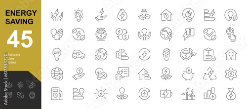 Energy Saving Line Editable Icons set. Vector illustration in modern thin line style of eco related icons: Energy Costs, Power Consumption Level, Green House and more. Pictograms and infographics