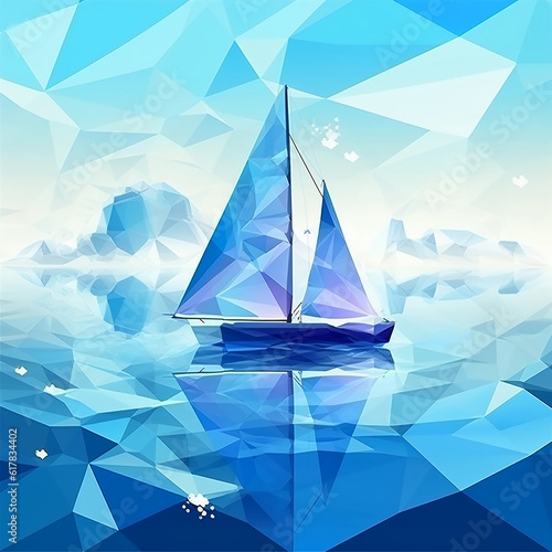 Sea, sailboat yacht with white sails, blue waves, white foam, blue sky, beautiful seascape, polygonal graphics, generative ai