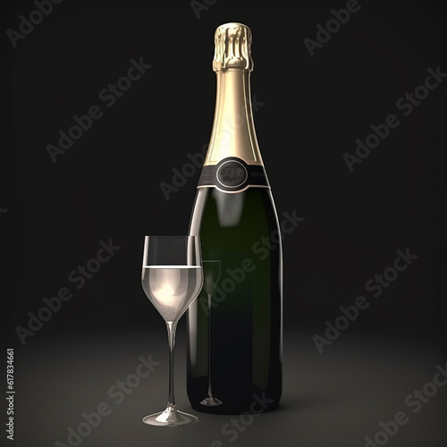 Champagne bottle and glass of wine, close-up on black, congratulatory background, holiday wallpaper, generative ai