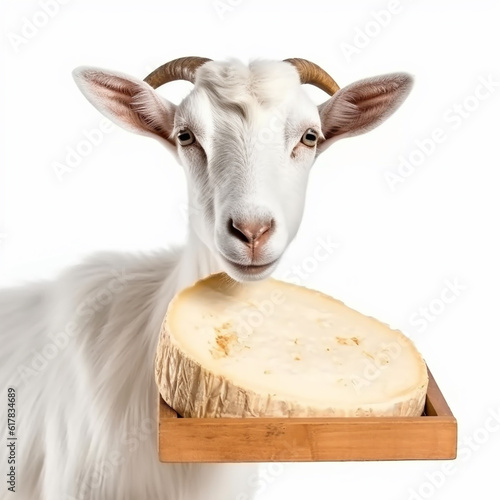 Cute goat holds delicious appetizing goat cheese, close-up on a white background, for advertising and packaging design, generative ai