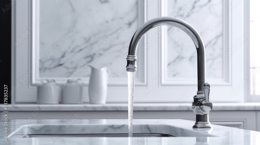 Water flows from the kitchen faucet into the sink. Water saving concept. Water flows from the kitchen faucet into the sink. Water saving concept.