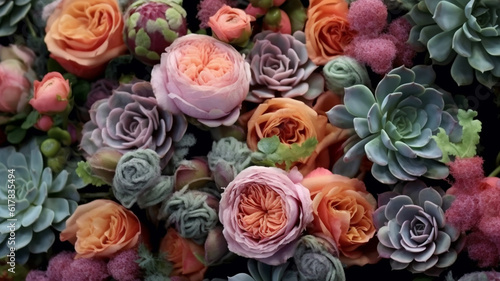 Colorful fresh peony and roses flowers with succulents. Floral background. Generative AI